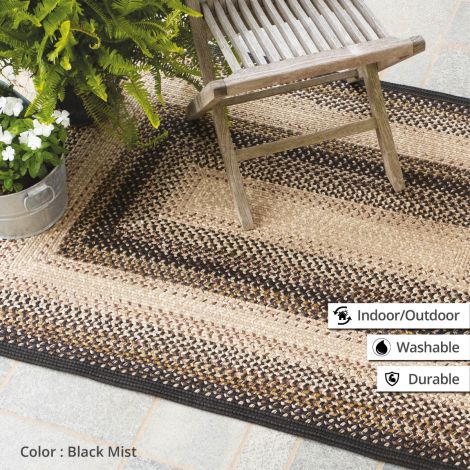 Black Mist Black Washable Outdoor Braided Area Rug by Homespice, Country, Primitive, Rustic and Farmhouse Style